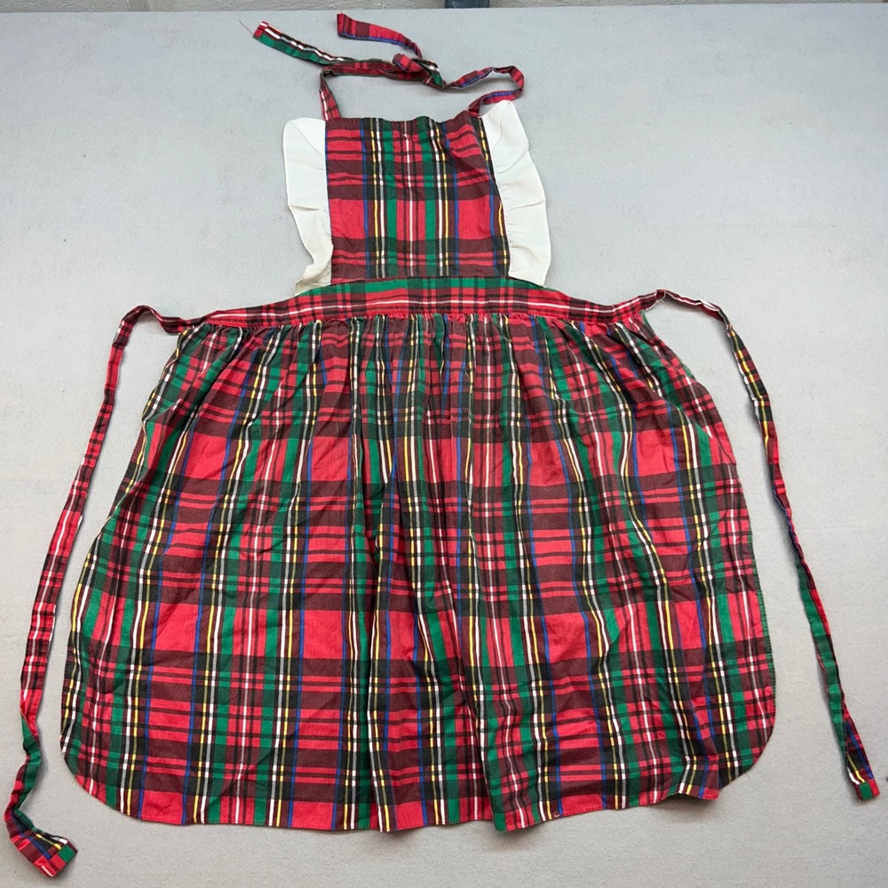Vintage Christmas Plaid Bib Apron Red Green Ruffle Trim Pinafore USA OSFA